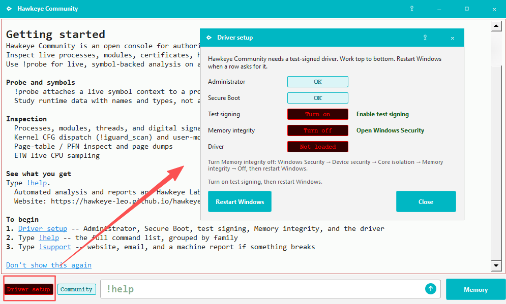 Driver setup with test signing off and Memory integrity on. The status-bar Driver setup button opens this window.