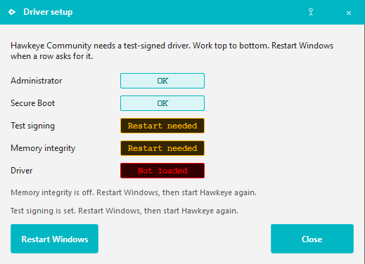 Driver setup after test signing is set and Memory integrity is off. Both rows say Restart needed.