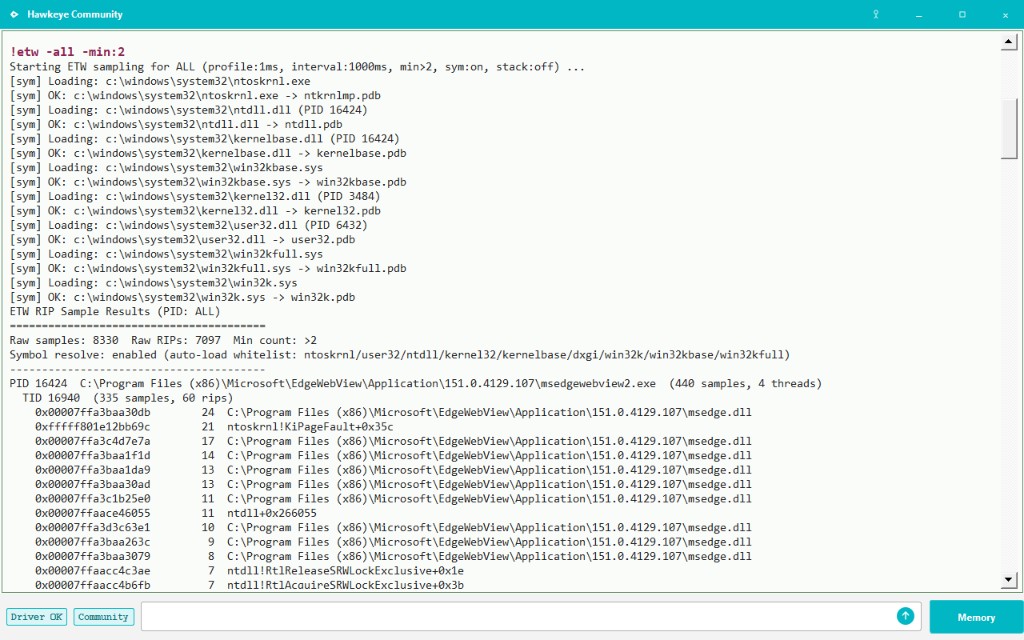 !etw RIP samples grouped under a process, then a thread.