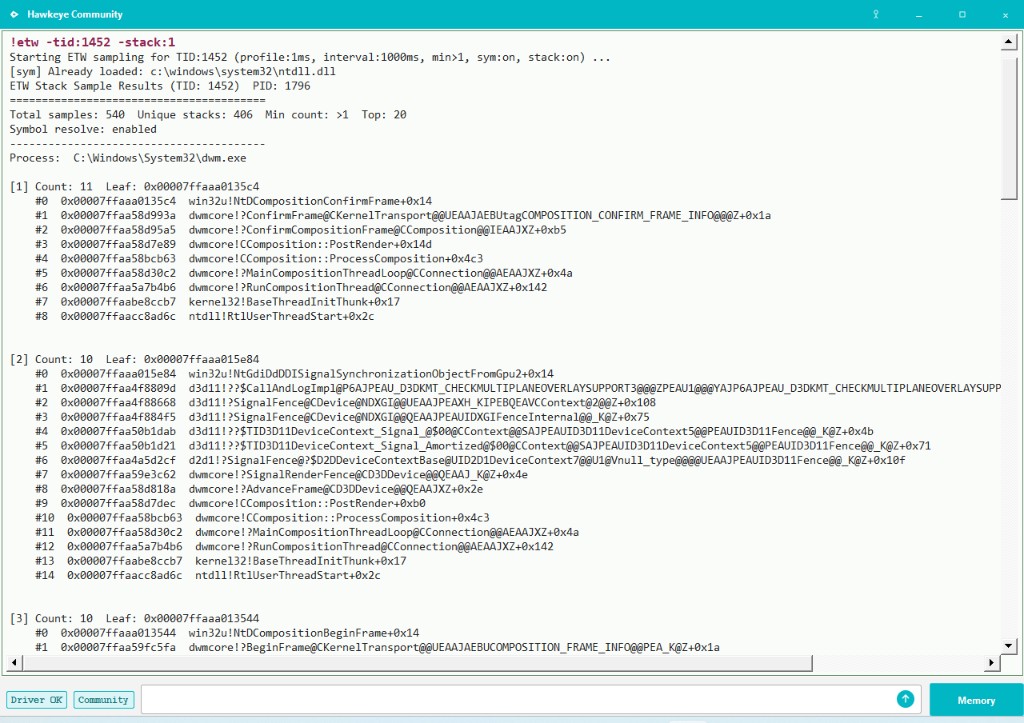 !etw -stack:1 on a dwm.exe thread: composition stacks with symbols resolved.