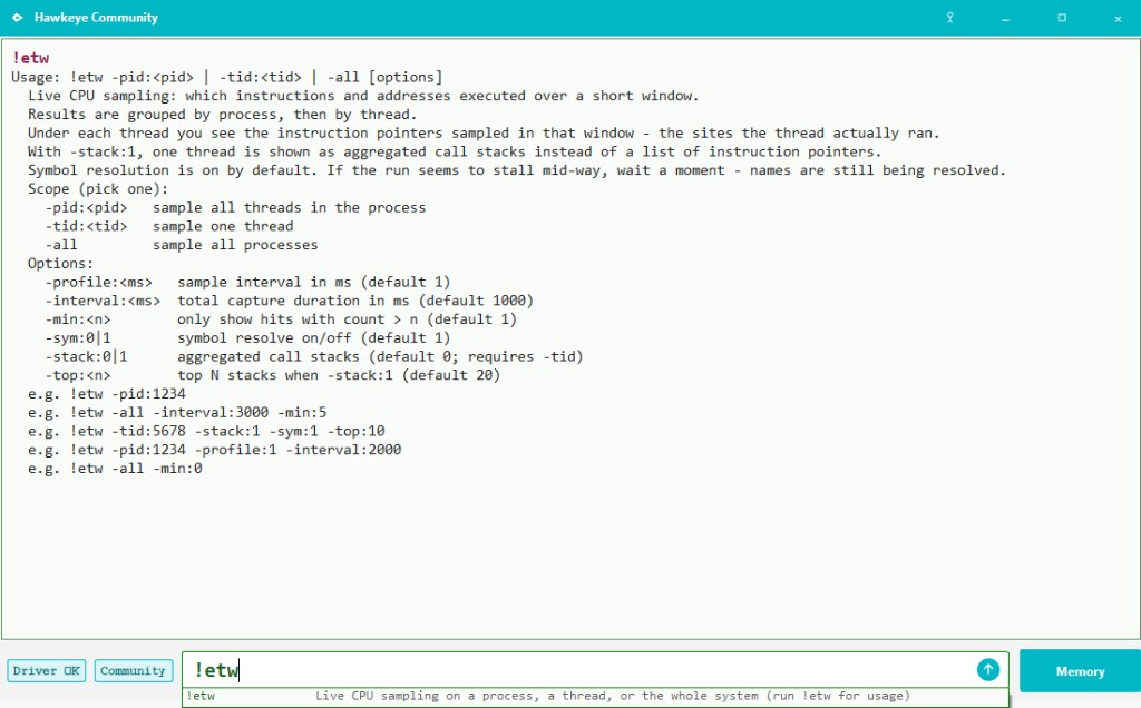 !etw usage in Hawkeye Community: sample a process, a thread, or the whole system.