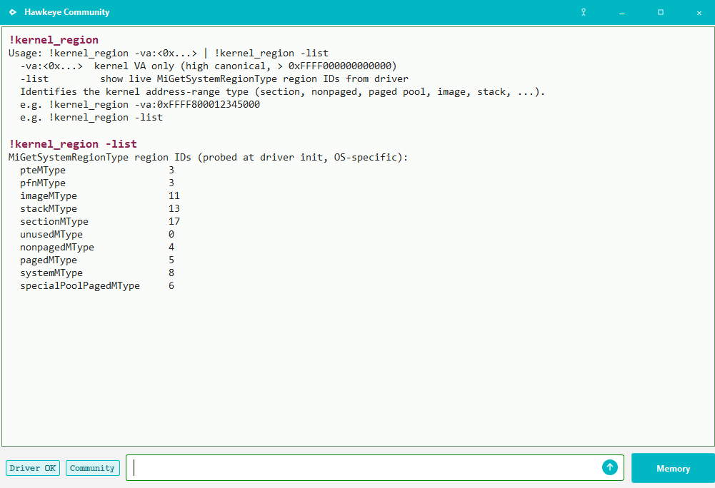 !kernel_region usage and -list: live region IDs on this system.