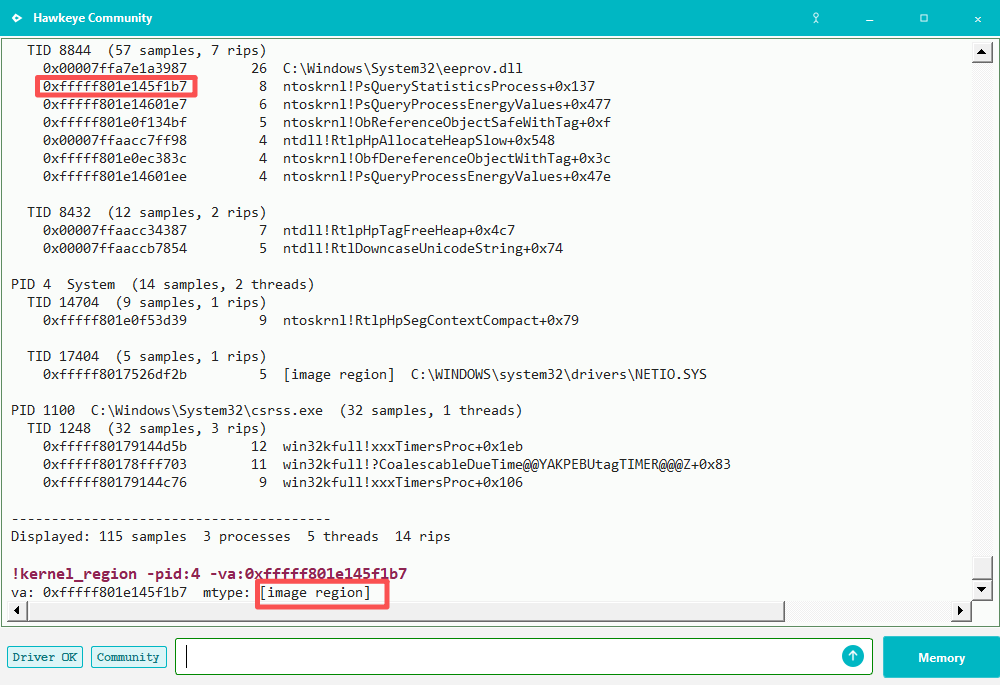 !kernel_region -va example: a sampled ntoskrnl RIP classified as image region.