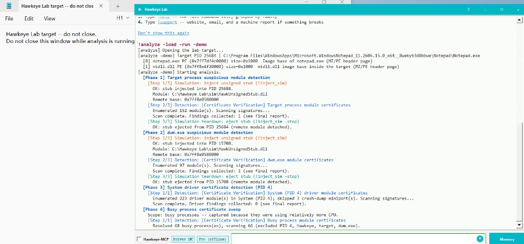 Hawkeye Lab !analyze demo: Notepad as the target, simulation then detection.