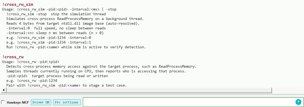 Hawkeye Lab: !cross_rw and !cross_rw_sim usage in the console.