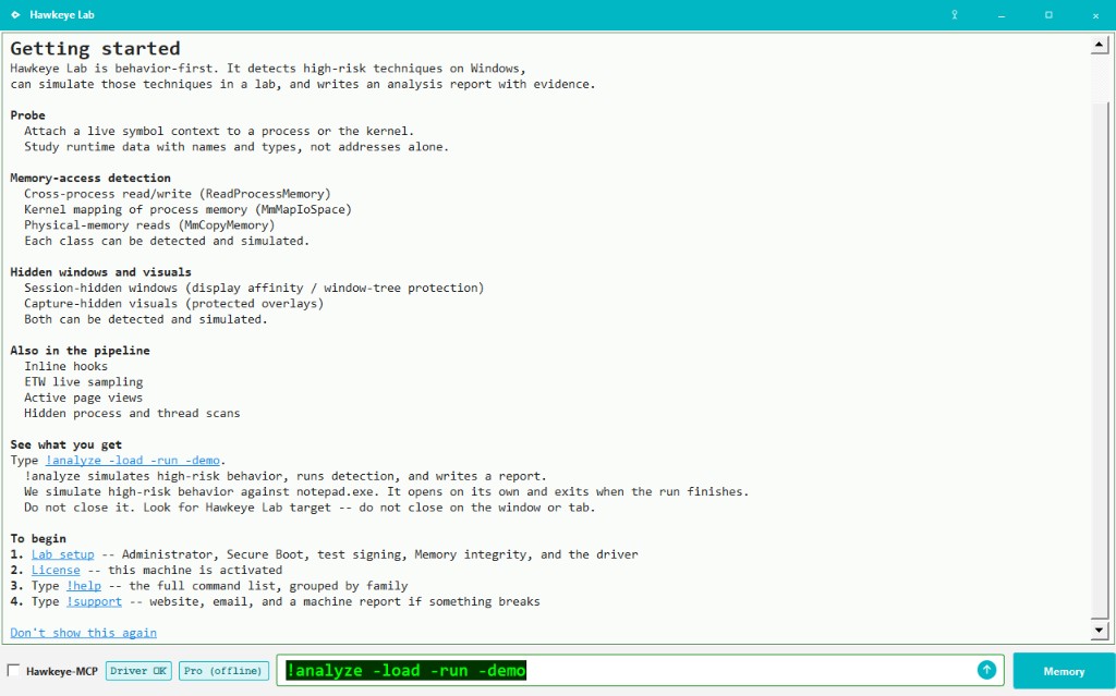 Hawkeye Lab Getting started: behavior-first, and !analyze -load -run -demo.