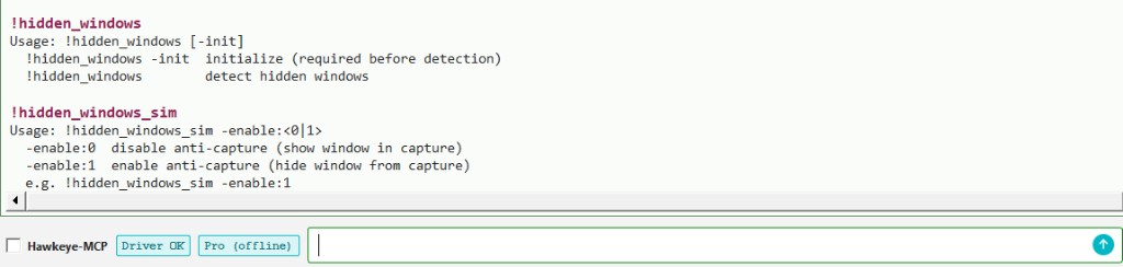 Hawkeye Lab: !hidden_windows and !hidden_windows_sim usage in the console.