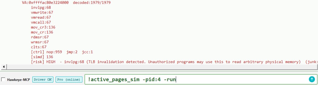 Hawkeye Lab: instruction decode report on a simulated high-risk kernel page with INVLPG flagged HIGH.