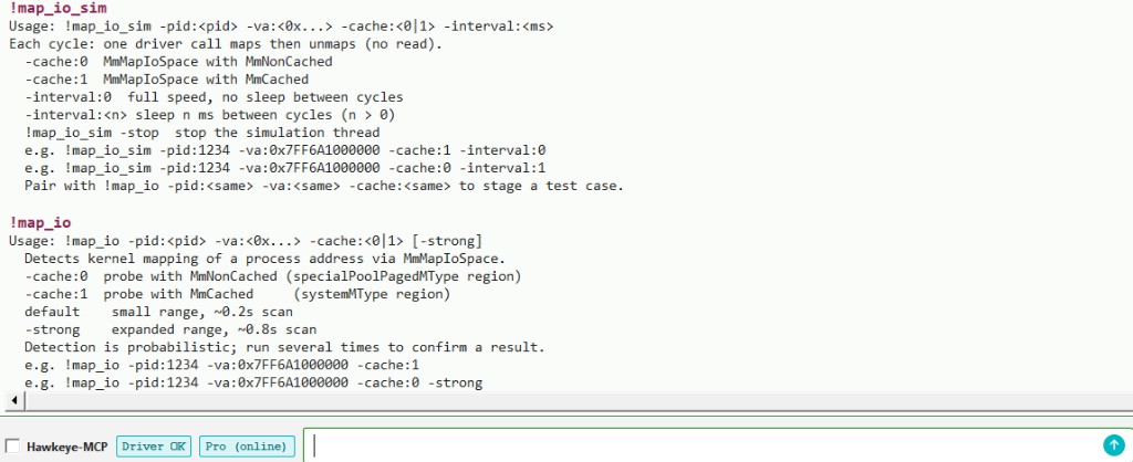 Hawkeye Lab: !map_io and !map_io_sim usage in the console.