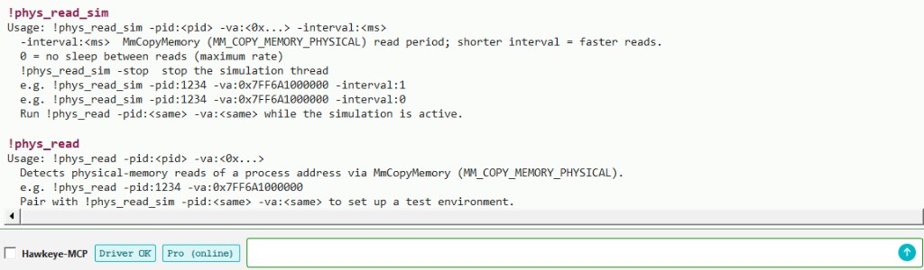 Hawkeye Lab: !phys_read and !phys_read_sim usage in the console.