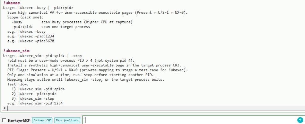 Hawkeye Lab: !ukexec and !ukexec_sim usage in the console.