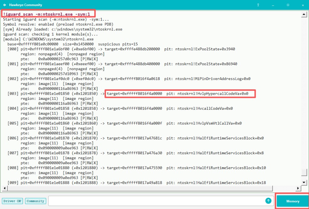 !iguard_scan -m:ntoskrnl.exe -sym:1: named pit targets, and the Memory button.