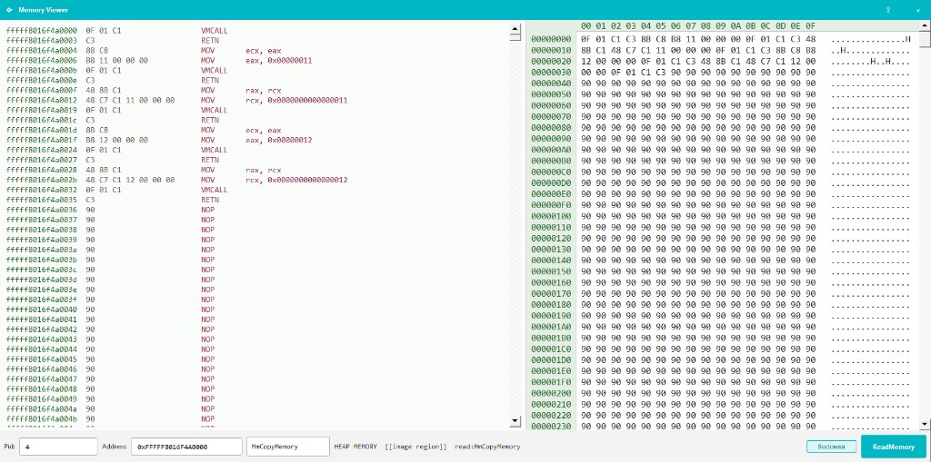 Memory Viewer after ReadMemory: disassembly and hex for one kernel page.