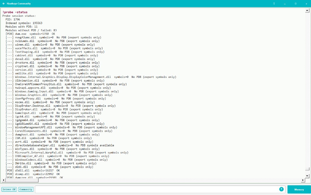 !probe -status: attached PID, indexed symbol count, and which modules have a PDB.