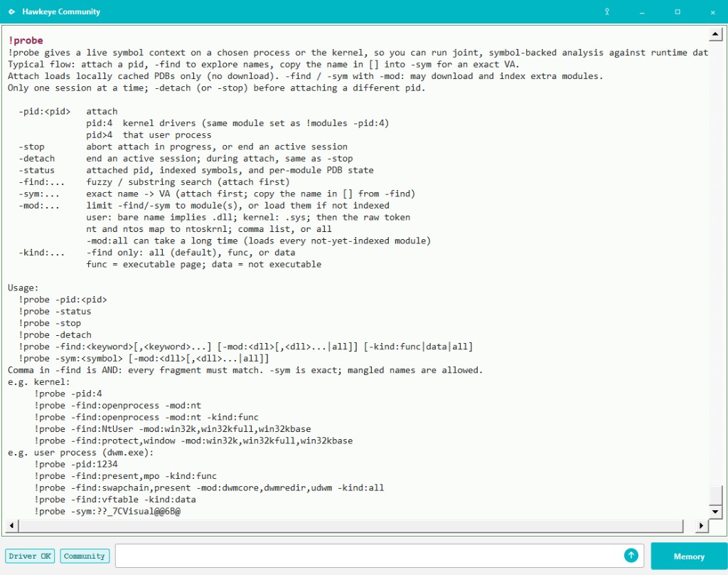 !probe usage in Hawkeye Community: attach, -find, and the dwm.exe example with -mod:.
