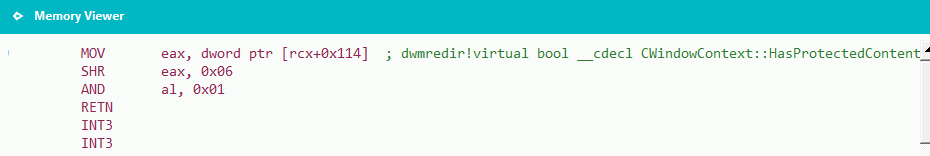 HasProtectedContent loads dword at object offset 0x114, shifts right 6, ANDs with 1.