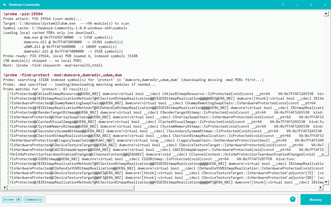 Hawkeye !probe search for protect in DWM modules, listing IsProtected and HasProtectedContent symbols.