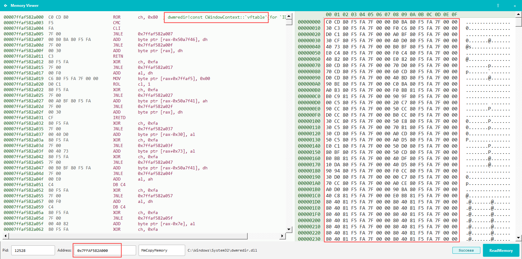 Memory Viewer at CWindowContext IDwmWindow vftable address in dwmredir.dll.
