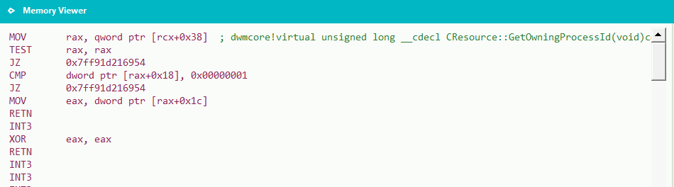 CResource::GetOwningProcessId reads handle at visual+0x38, PID at handle+0x1C.