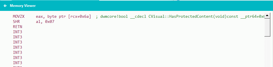 CVisual::HasProtectedContent reads rcx+0x6A, shifts right 7, returns.