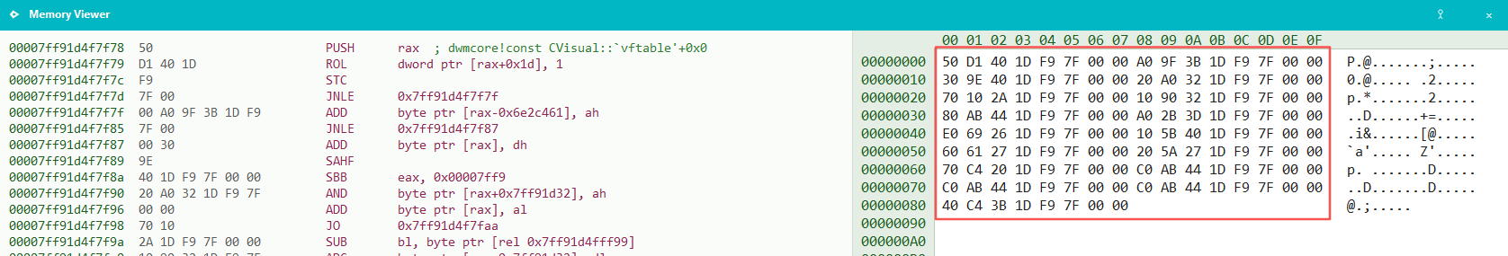 Memory Viewer showing CVisual vftable inside dwmcore.dll.