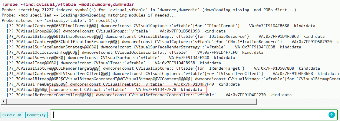 !probe locates CVisual vftable; example address 0x7FF91D4F7F78 on build 26100.