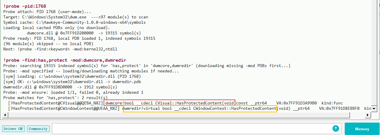 Hawkeye !probe joint search for has,protect; HasProtectedContent hits in both dwmredir and dwmcore.
