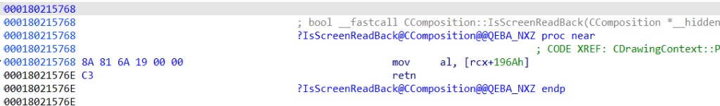IsScreenReadBack disassembly: mov al, [rcx+196Ah]; retn.