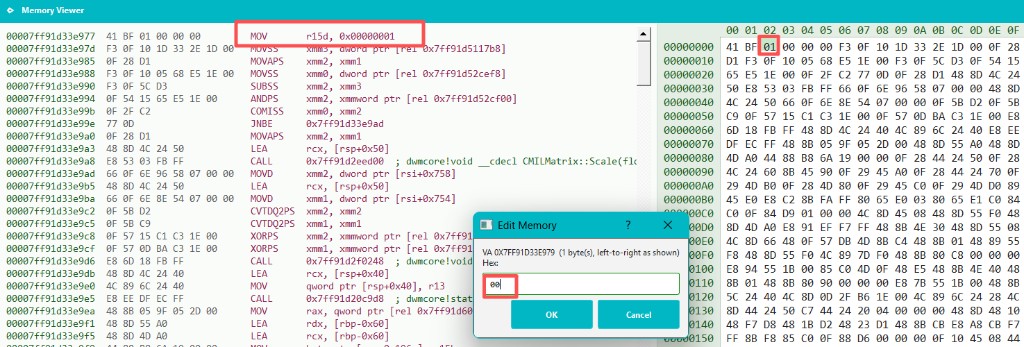 Hawkeye Lab Memory Viewer: Edit Memory changing 01 to 00 in mov r15d,1.
