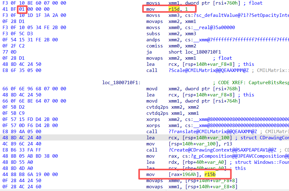 RenderForCapture: mov r15d, 1; CDrawingContext::Create; mov [rax+196Ah], r15b.